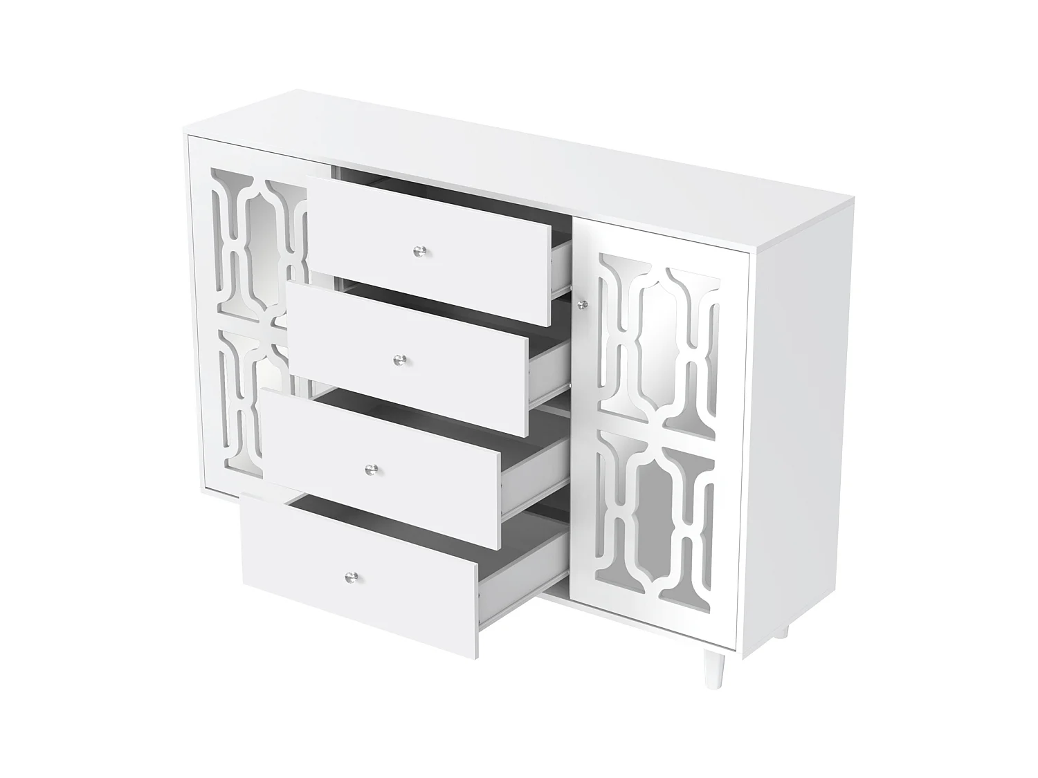 Buffet miroir moderne avec 2 portes et 4 tiroirs - Armoire avec poignées en cristal - Blanc