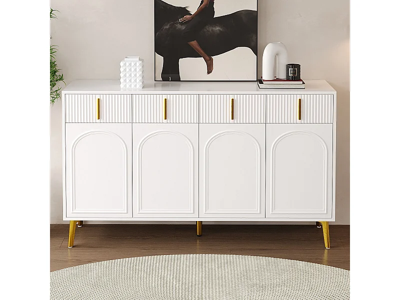 Aparador com 4 gavetas e 4 portas, móvel buffet, com puxadores e pés dourados, Branco