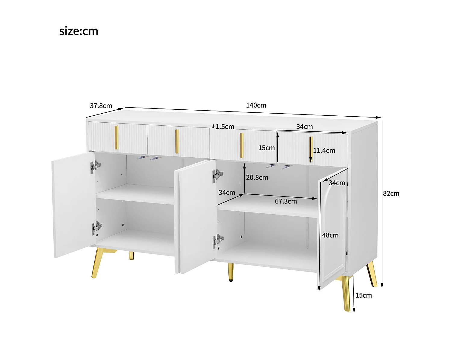 Buffet avec 4 tiroirs et 4 portes, armoire de buffet, avec poignées et pieds dorés,  Blanc
