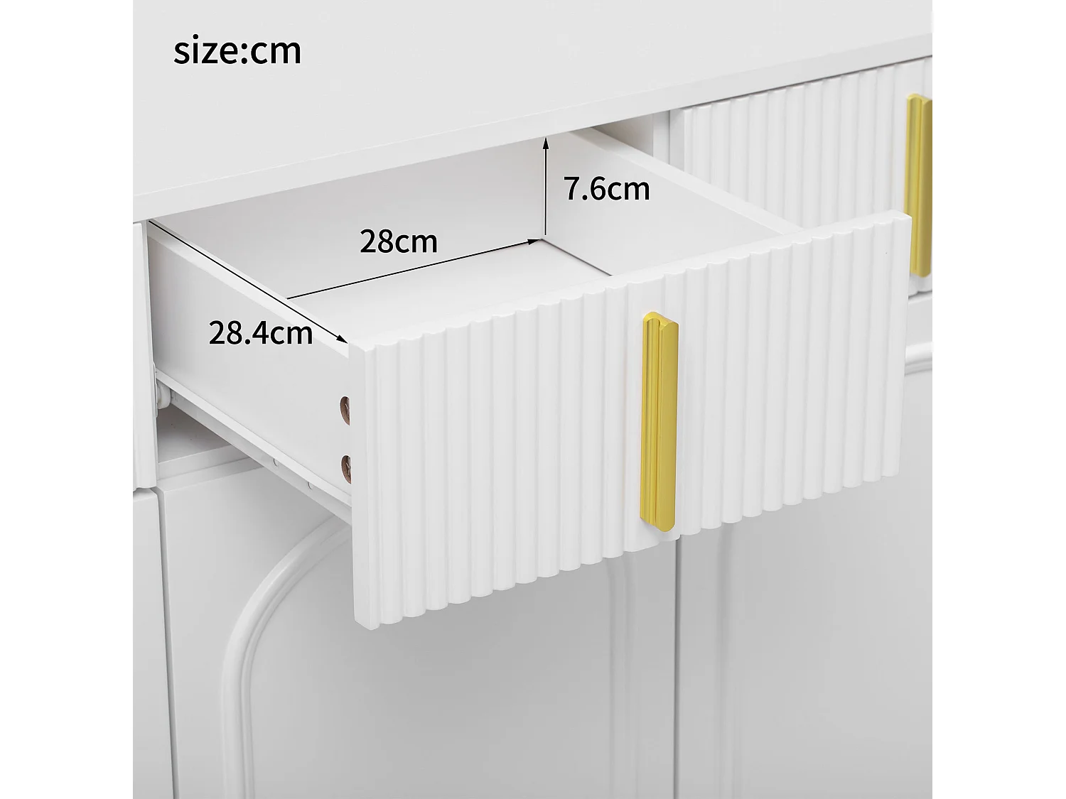 Buffet avec 4 tiroirs et 4 portes, armoire de buffet, avec poignées et pieds dorés,  Blanc