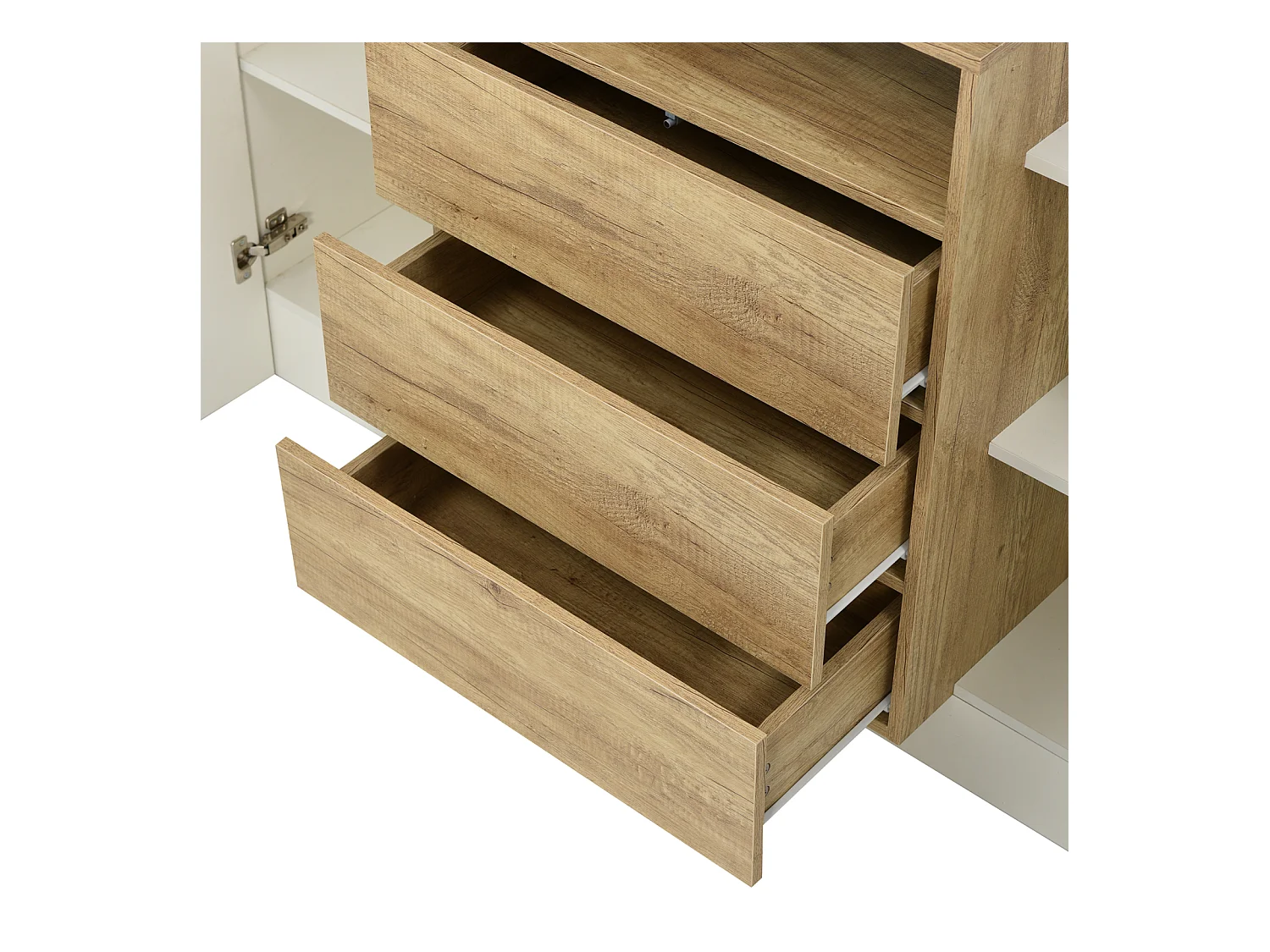 Buffet Blanc et Bois avec Lumière LED, Buffet de Salon avec 2 Portes et 3 Tiroirs