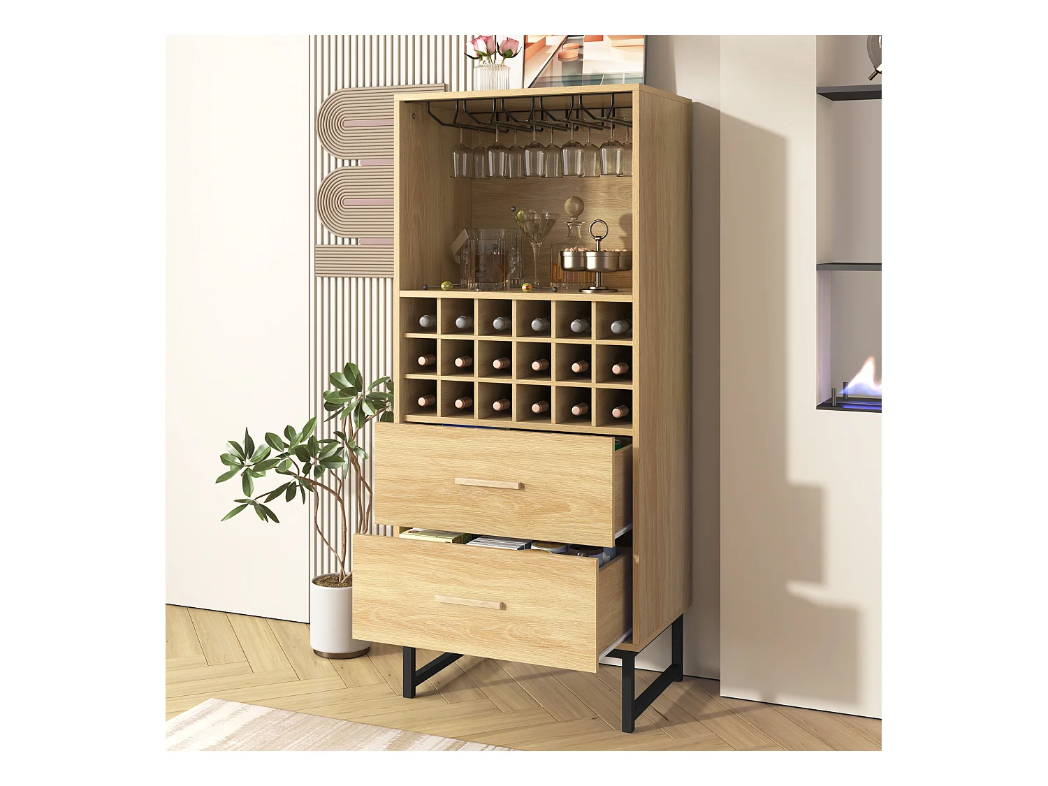 Elegante adega com 2 gavetas, 18 compartimentos, suporte para copos, pés de metal preto