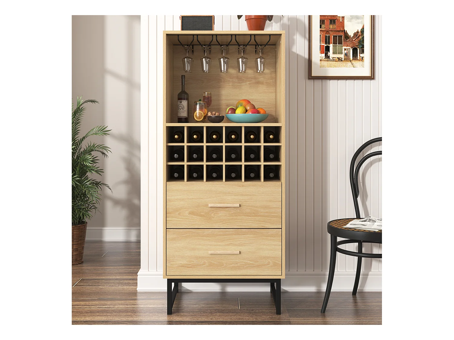 Élégante armoire à vin avec 2 tiroirs, 18 compartiments, porte-verres, pieds en métal noir