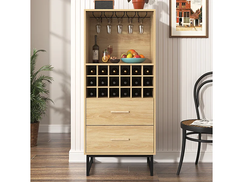 Élégante armoire à vin avec 2 tiroirs, 18 compartiments, porte-verres, pieds en métal noir