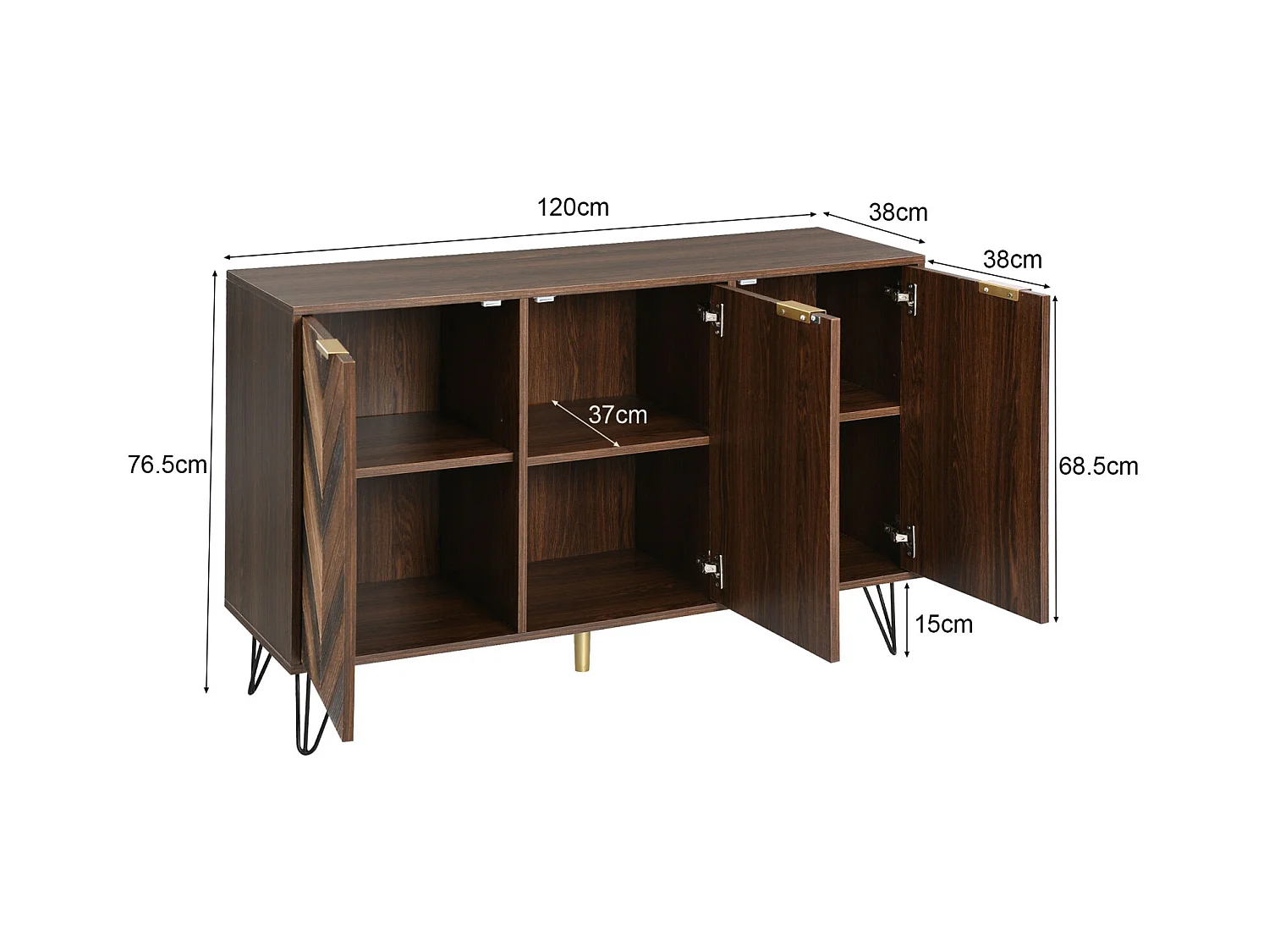 Buffet de cuisine, avec 6 compartiments de rangement et 3 portes, porte en placage de bois massif