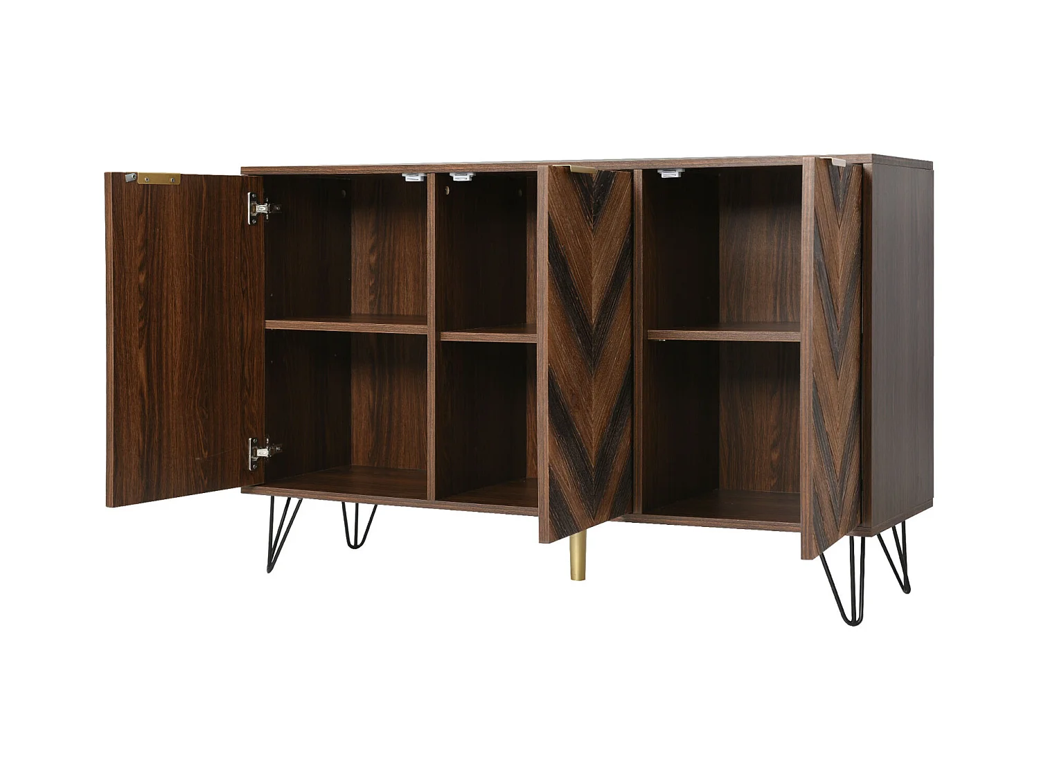 Buffet de cuisine, avec 6 compartiments de rangement et 3 portes, porte en placage de bois massif