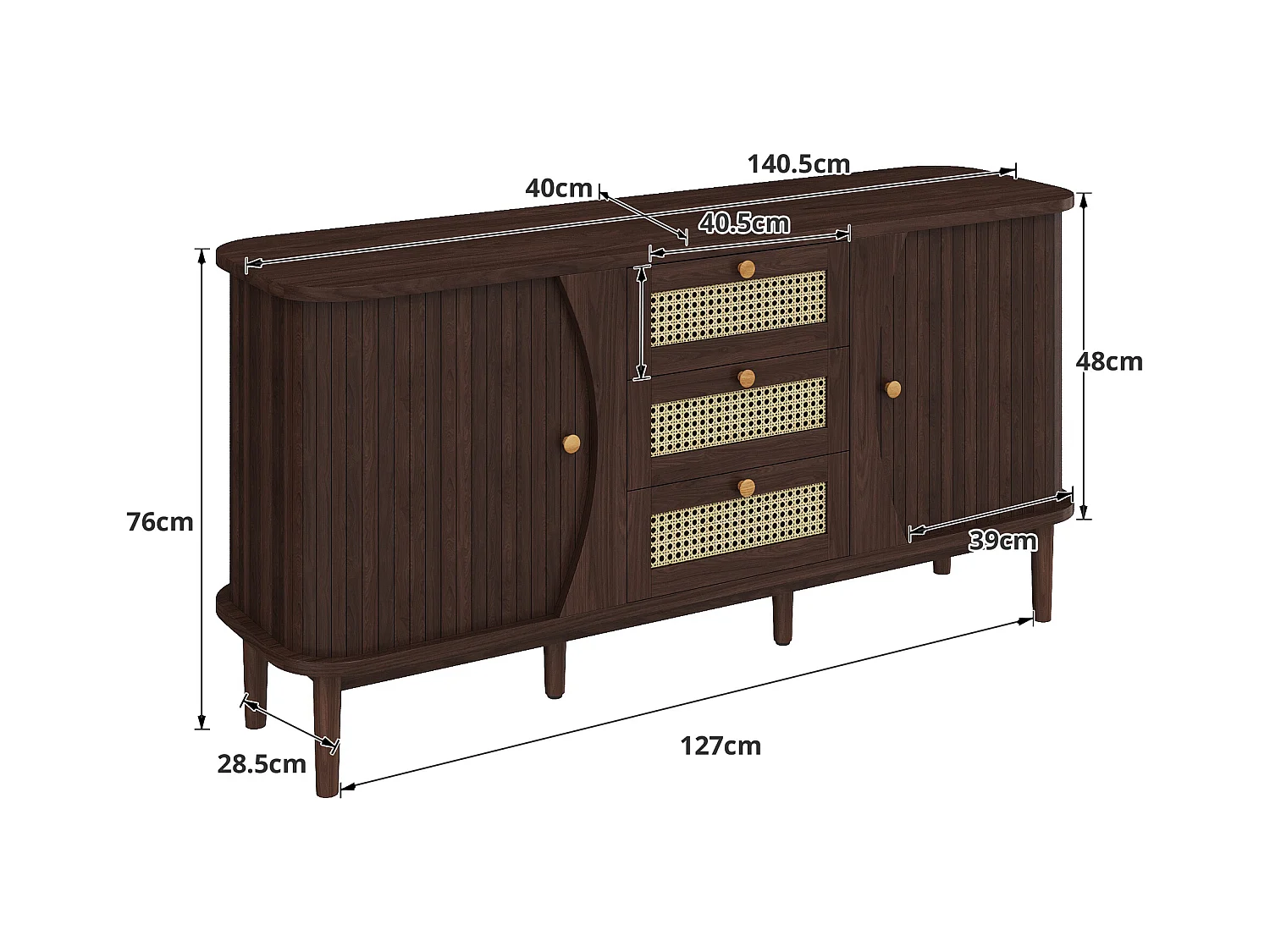 Buffet en rotin avec 3 tiroirs, commode avec 2 portes coulissantes, armoire de buffet,  noyer