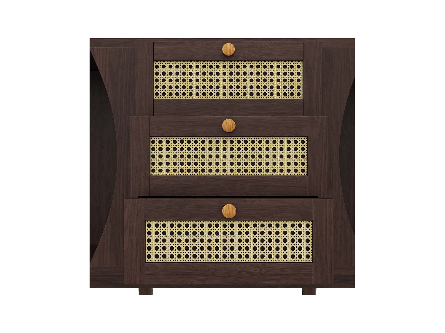 Buffet en rotin avec 3 tiroirs, commode avec 2 portes coulissantes, armoire de buffet,  noyer