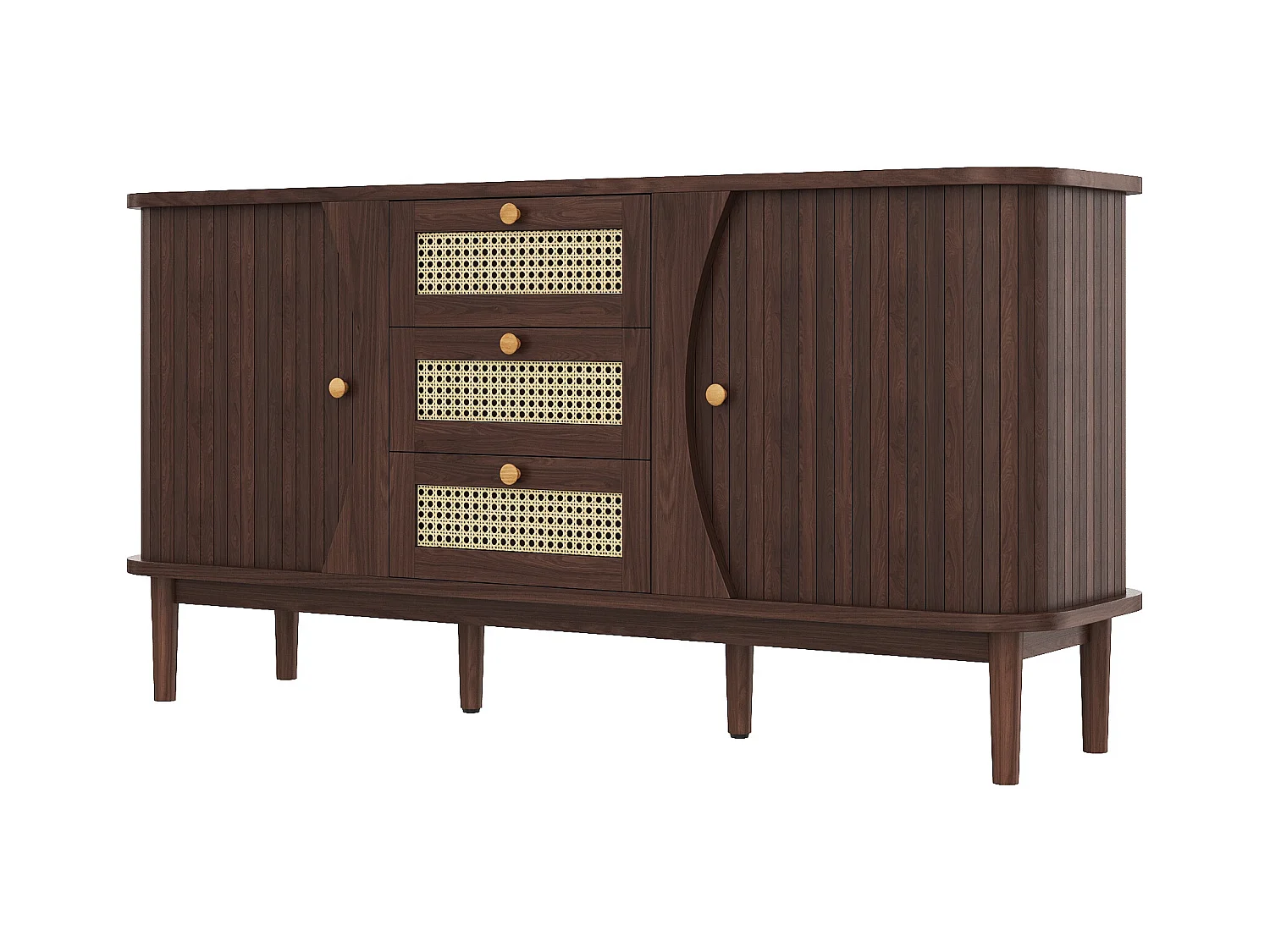 Buffet en rotin avec 3 tiroirs, commode avec 2 portes coulissantes, armoire de buffet,  noyer