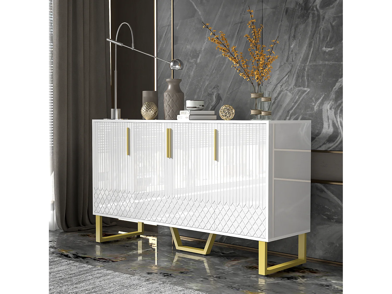 Buffet à 4 portes, haute brillance, avec poignées et pieds en métal, pour salle à manger