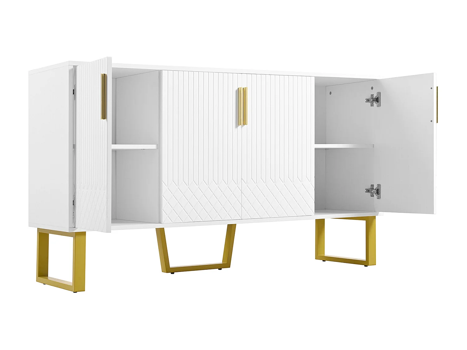 Buffet à 4 portes, haute brillance, avec poignées et pieds en métal, pour salle à manger