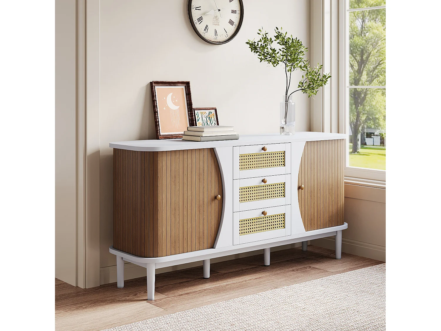 Buffet en rotin avec 3 tiroirs, commode avec 2 portes coulissantes, armoire de buffet,  naturel