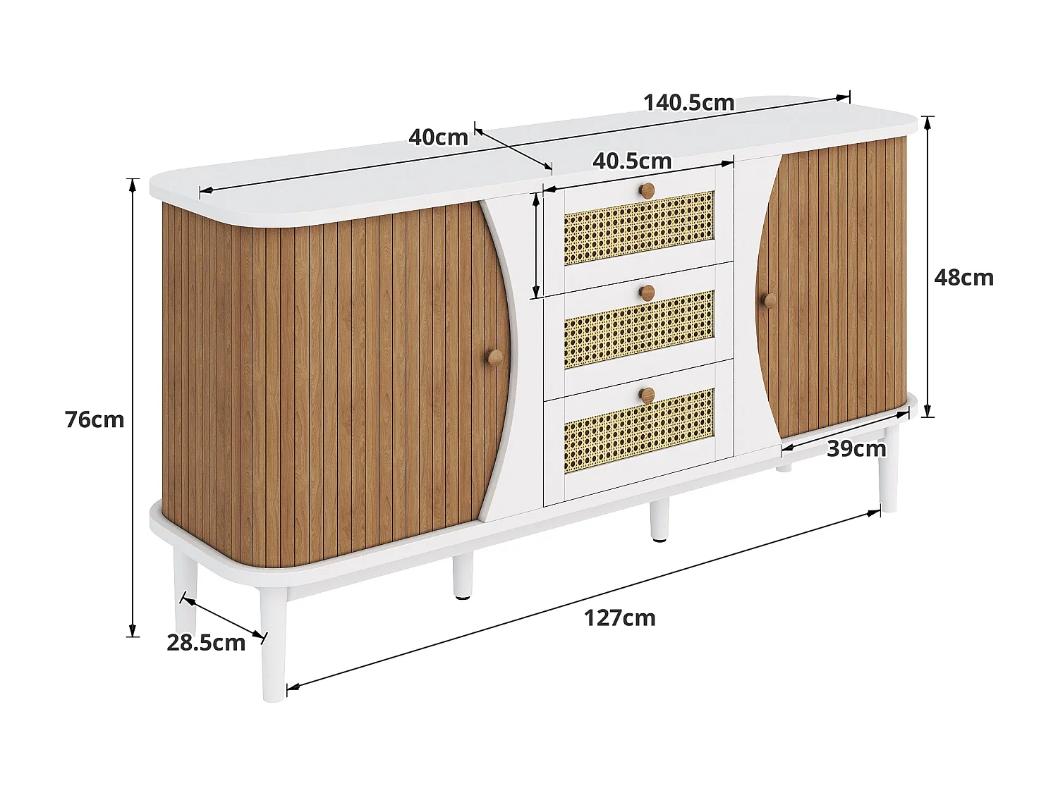 Buffet en rotin avec 3 tiroirs, commode avec 2 portes coulissantes, armoire de buffet,  naturel