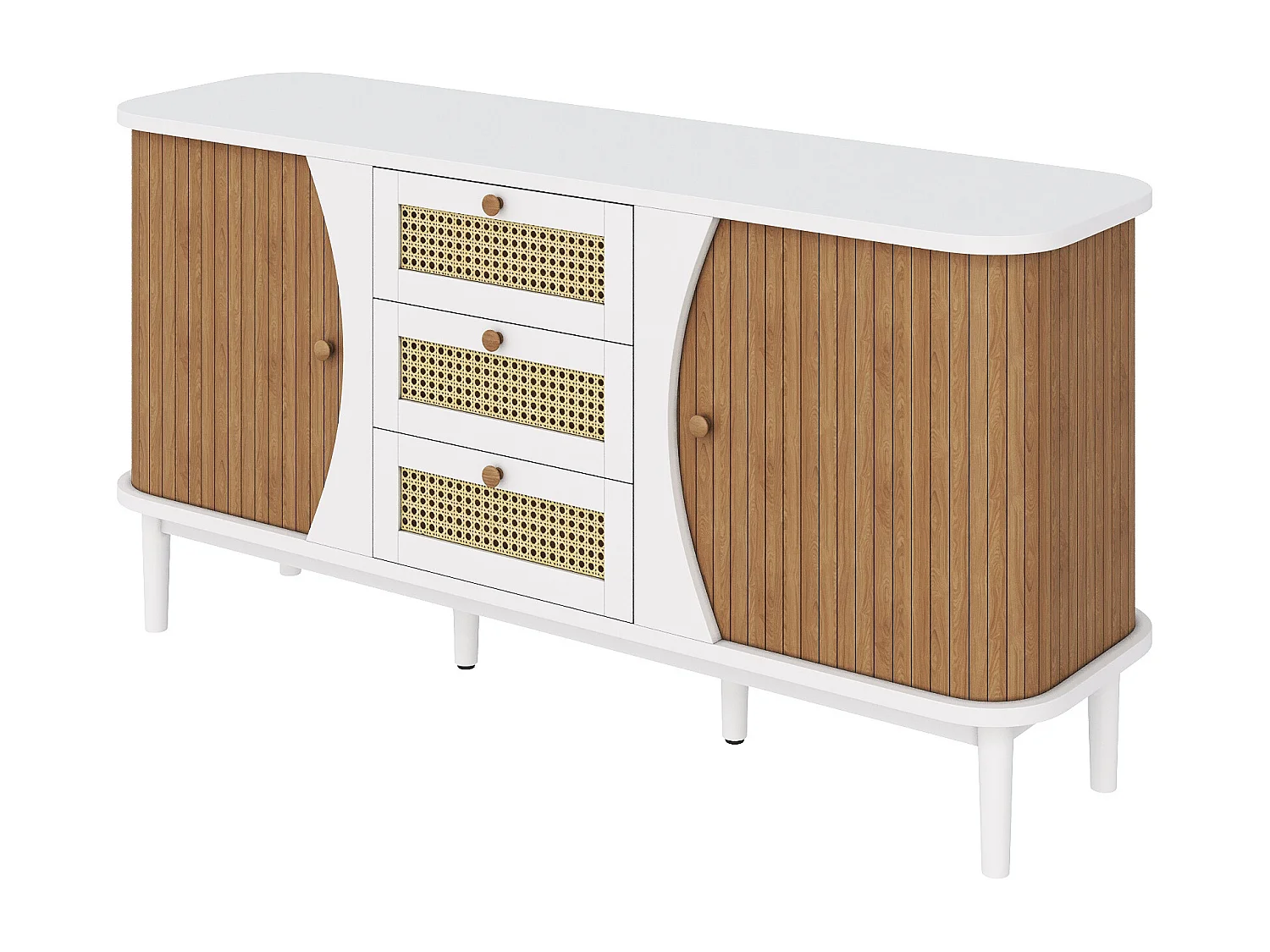Buffet en rotin avec 3 tiroirs, commode avec 2 portes coulissantes, armoire de buffet,  naturel