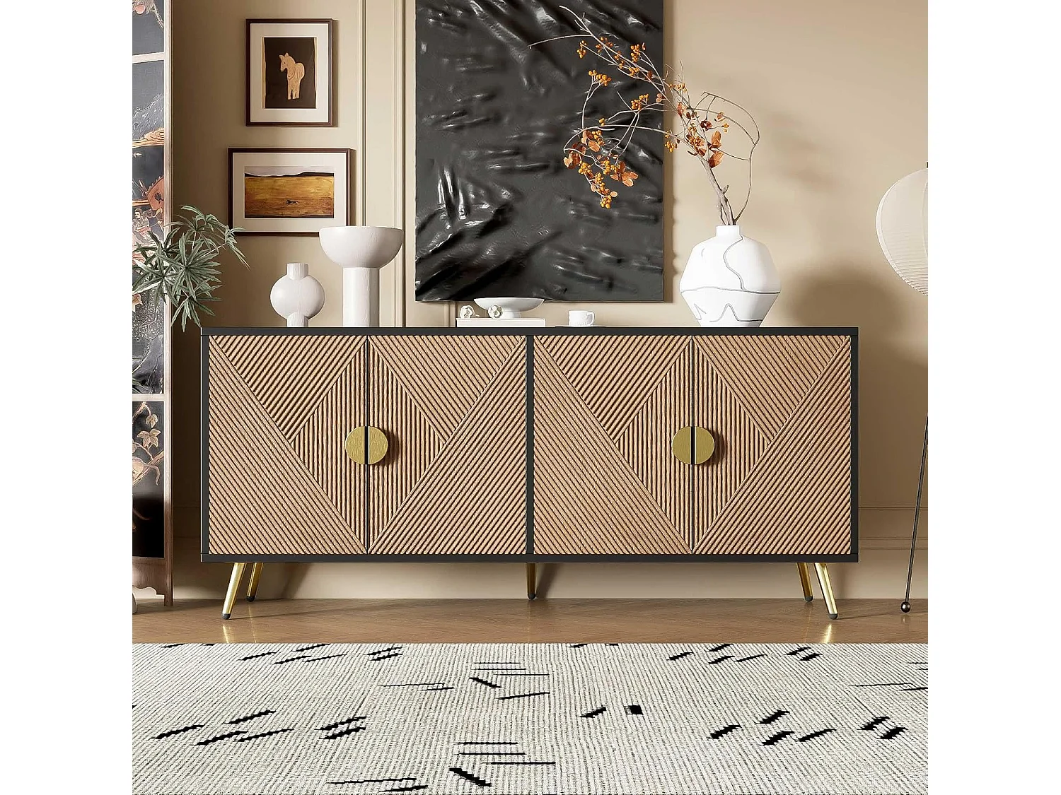 Buffet avec Texture en Relief 160 cm, Armoire avec Quatre Portes Poignées Brossées Dorées, Noir
