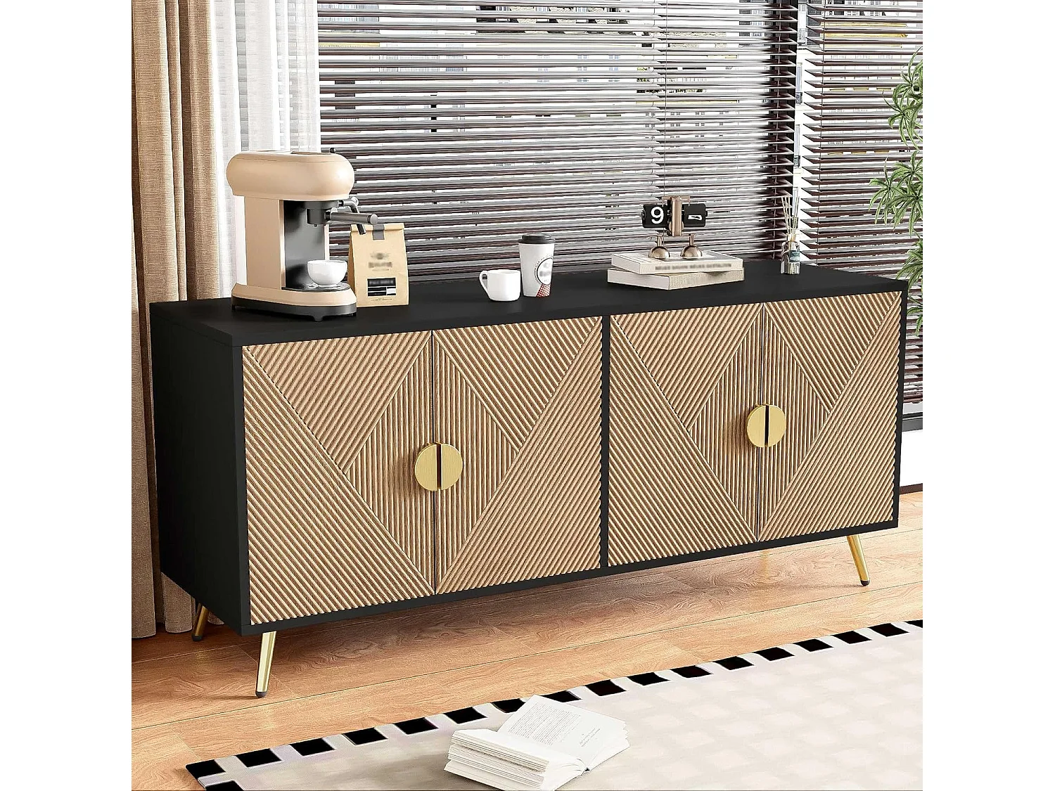 Buffet avec Texture en Relief 160 cm, Armoire avec Quatre Portes Poignées Brossées Dorées, Noir