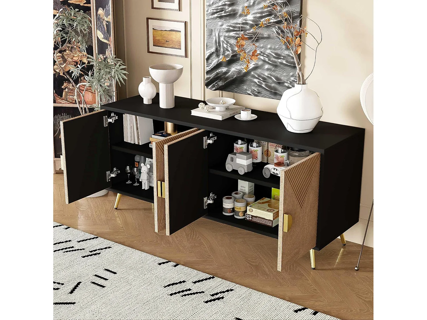 Buffet avec Texture en Relief 160 cm, Armoire avec Quatre Portes Poignées Brossées Dorées, Noir