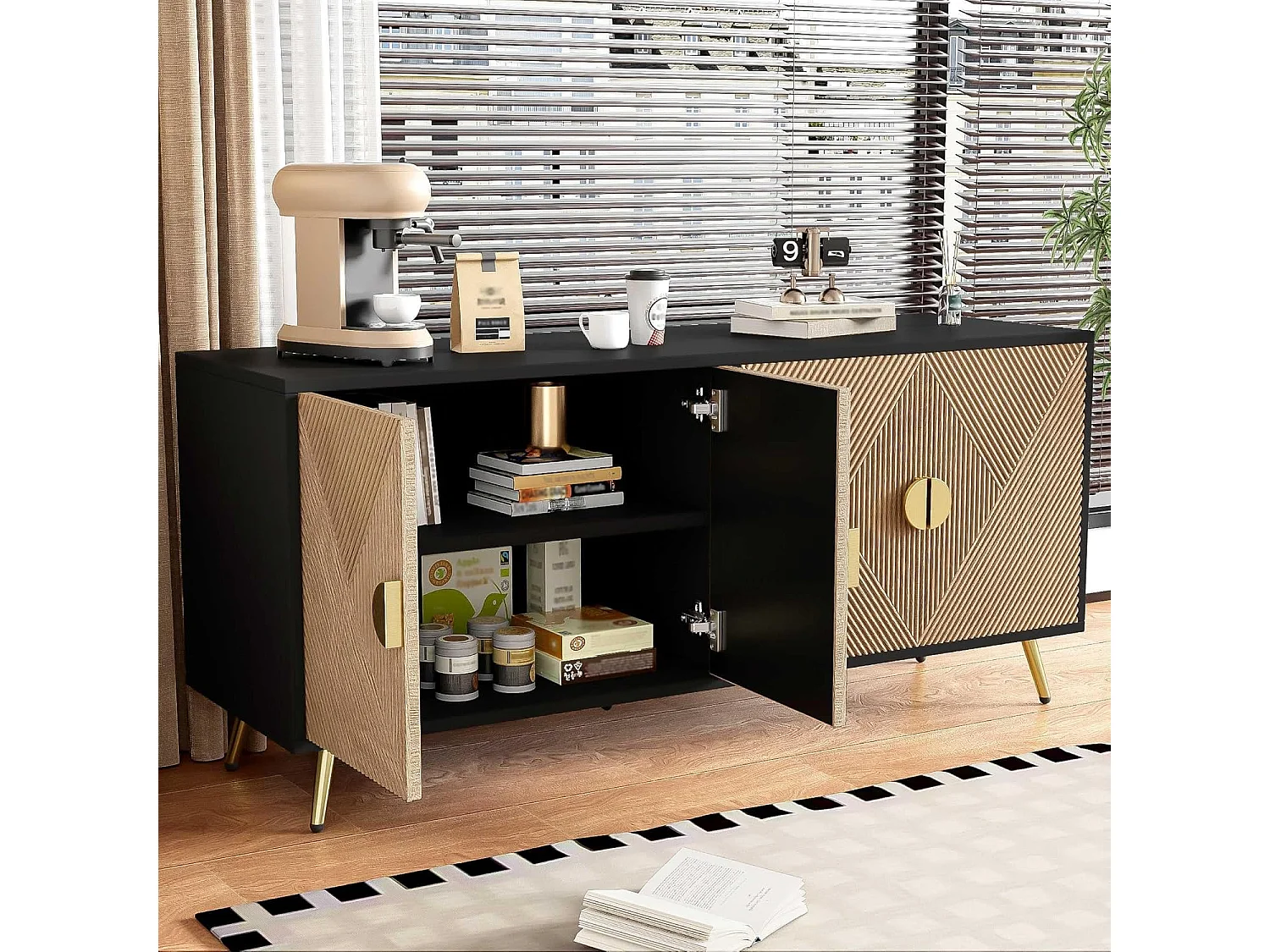 Buffet avec Texture en Relief 160 cm, Armoire avec Quatre Portes Poignées Brossées Dorées, Noir