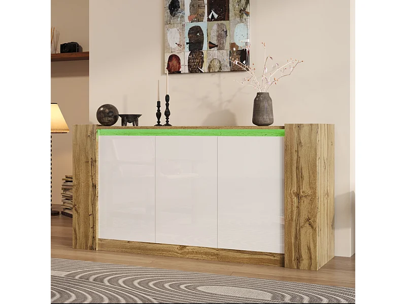 Buffet blanc et bois brillant - Buffet de salon avec LED - Armoire de cuisine avec 3 portes - bois