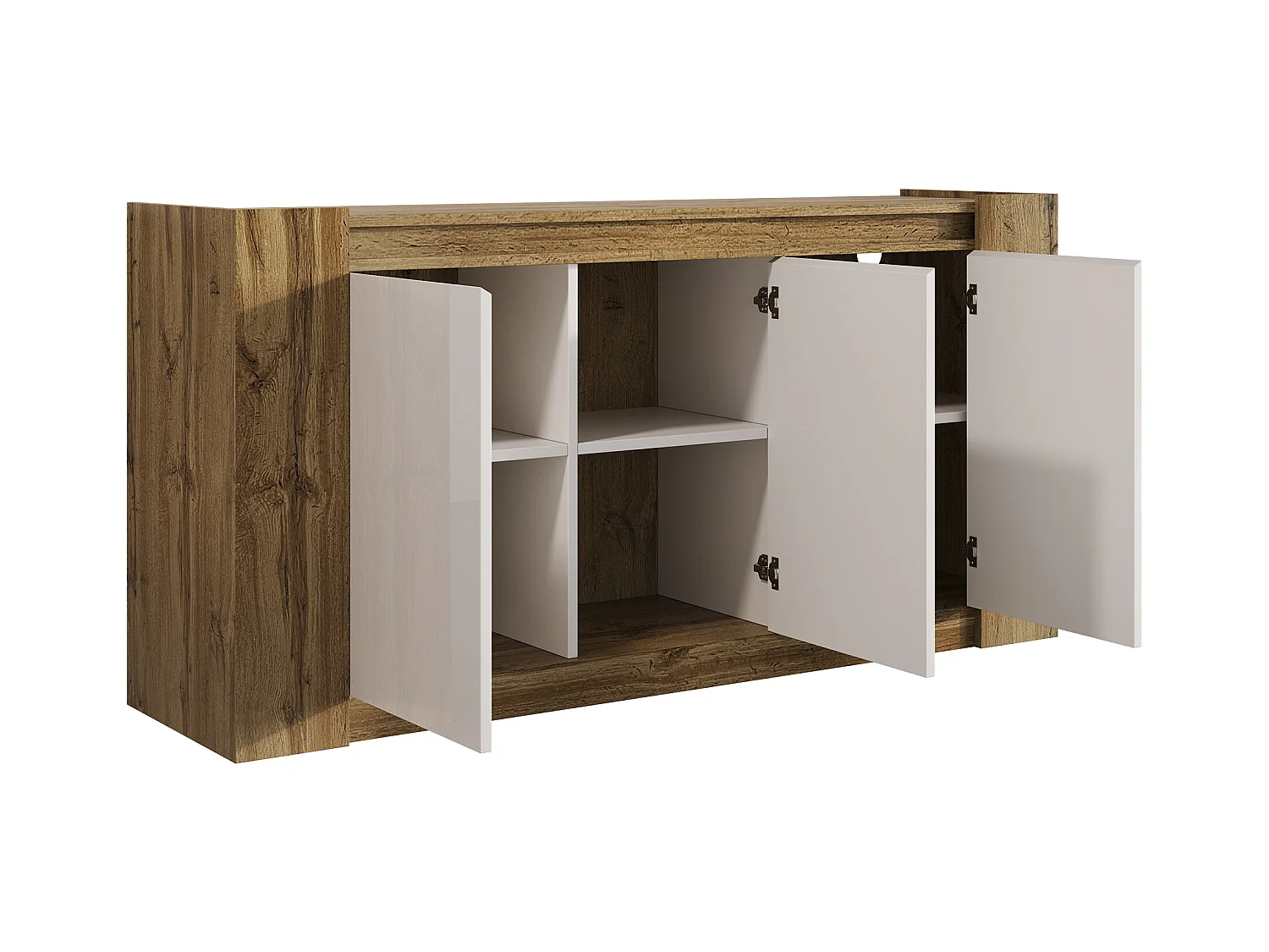 Aparador de madeira branca e brilhante - Aparador de sala com LED - Armário de cozinha com 3 portas - madeira