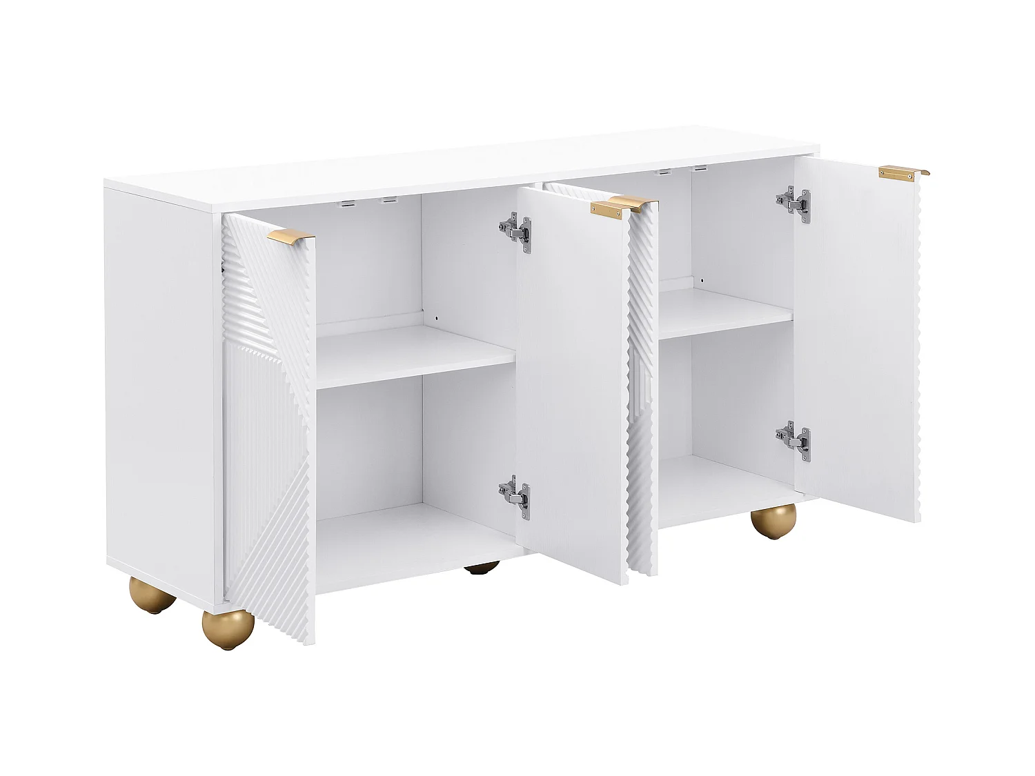 Buffet Moderne, Armoire de Salon avec 4 Portes Sculptées et Étagères Réglables, Blanc