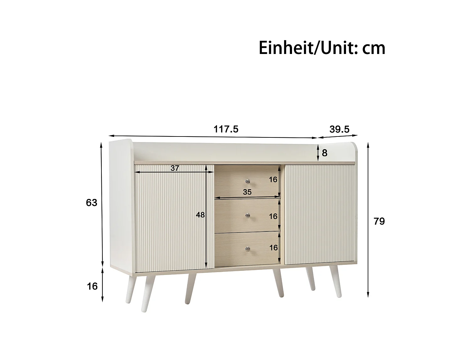 Commode en bois moderne avec portes coulissantes, armoire à 3 tiroirs, blanc et bois foncé