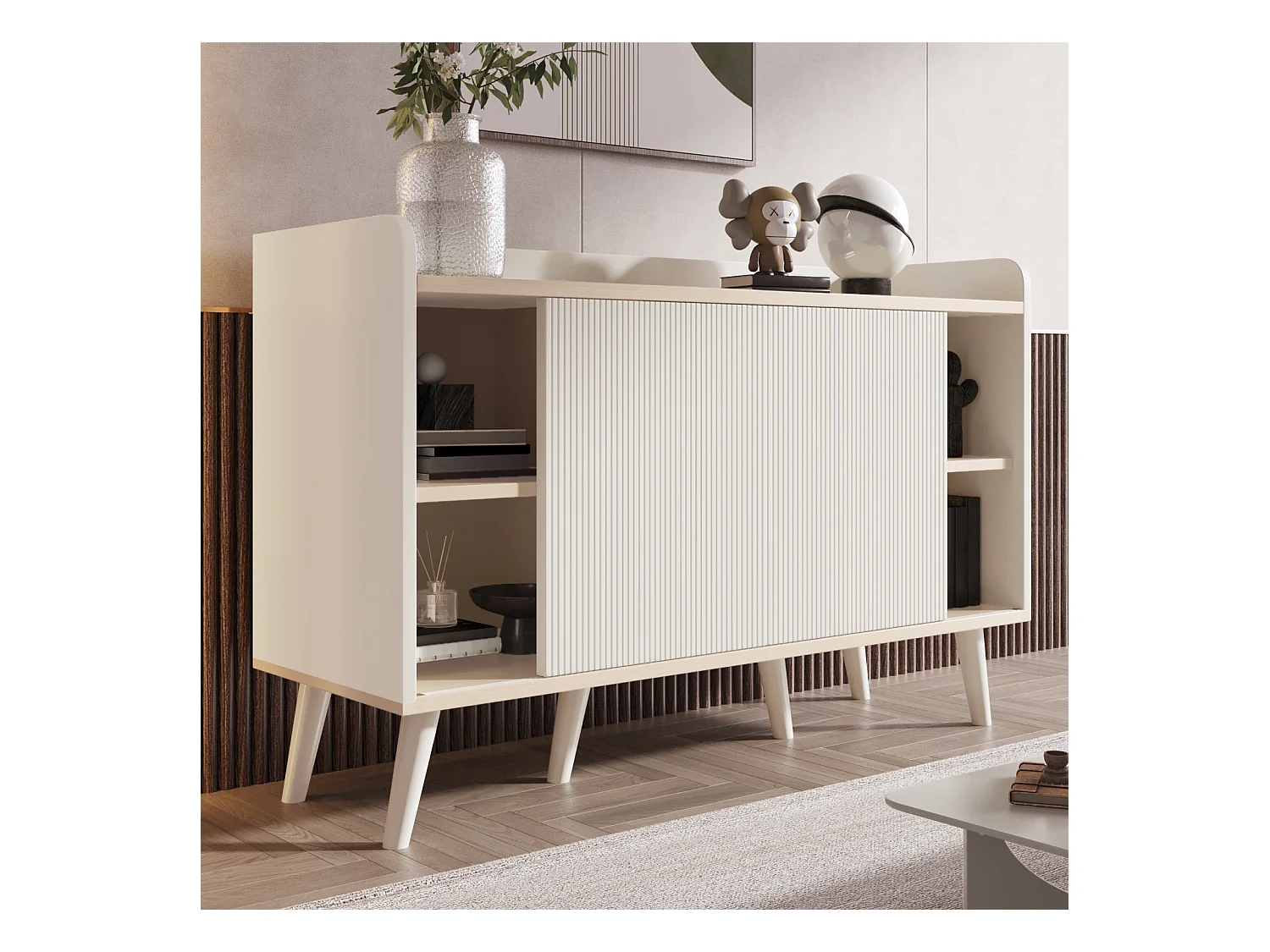 Commode en bois moderne avec portes coulissantes, armoire à 3 tiroirs, blanc et bois foncé
