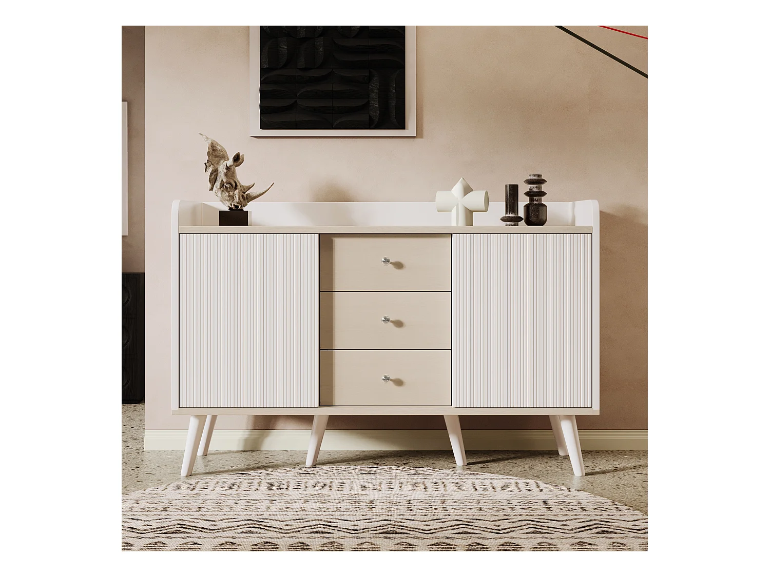 Commode en bois moderne avec portes coulissantes, armoire à 3 tiroirs, blanc et bois foncé