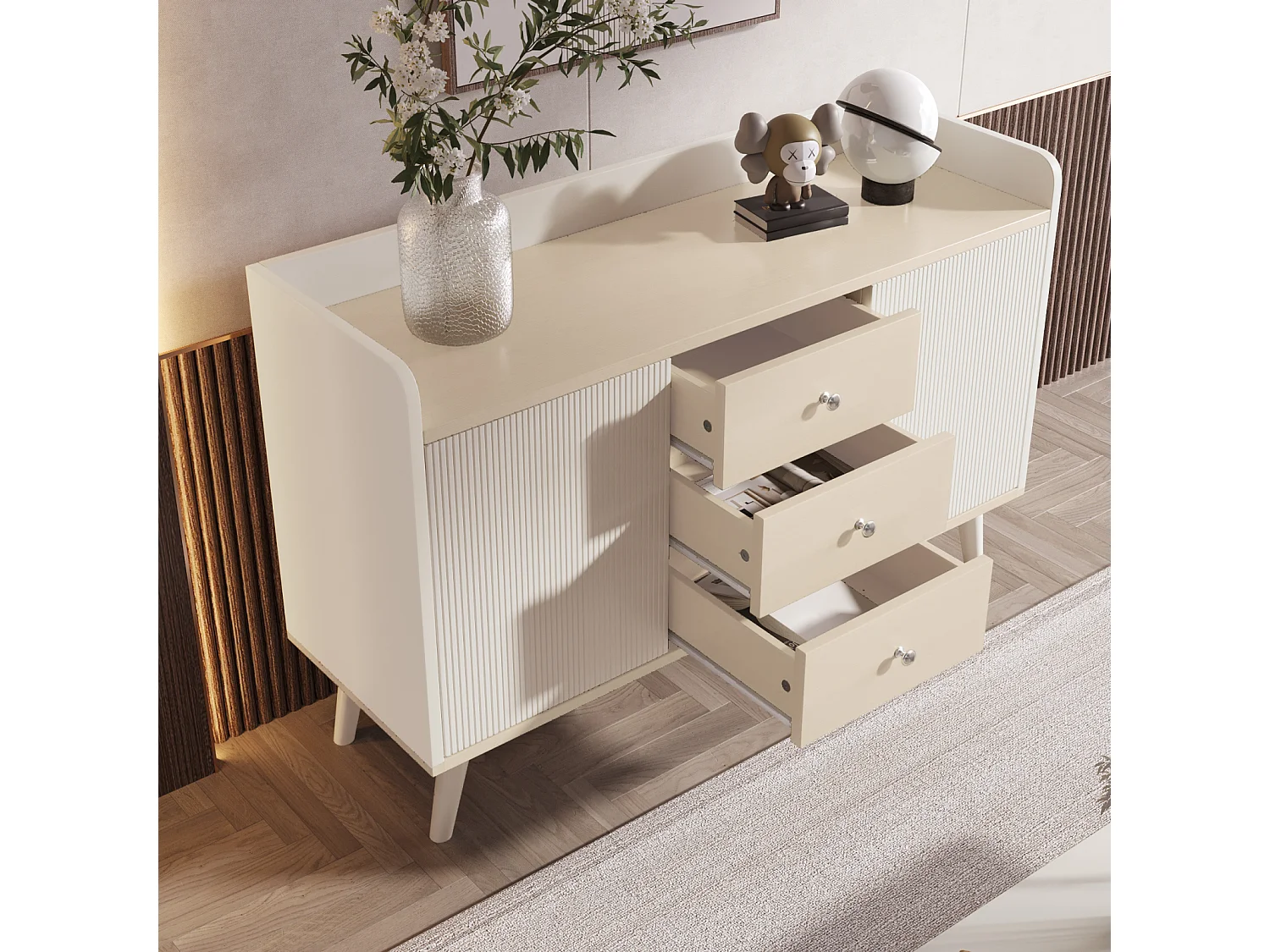 Commode en bois moderne avec portes coulissantes, armoire à 3 tiroirs, blanc et bois foncé
