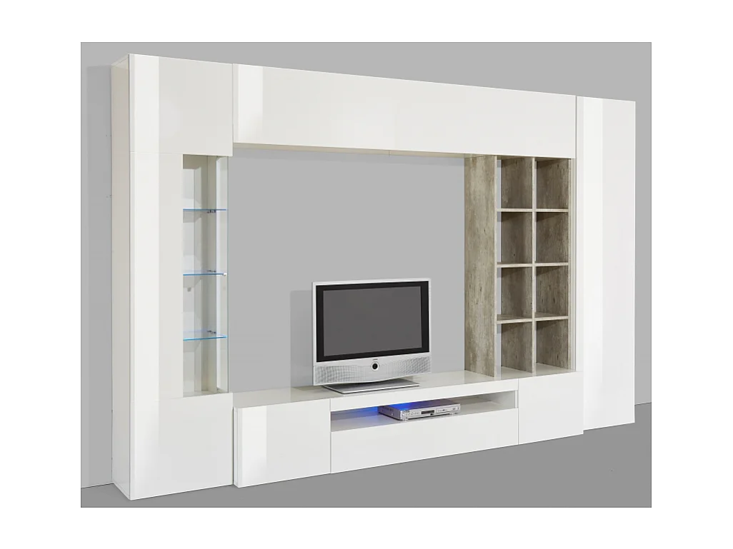 Parete soggiorno Egypt – 290x191x40cm – Bianco Lucido e Cemento