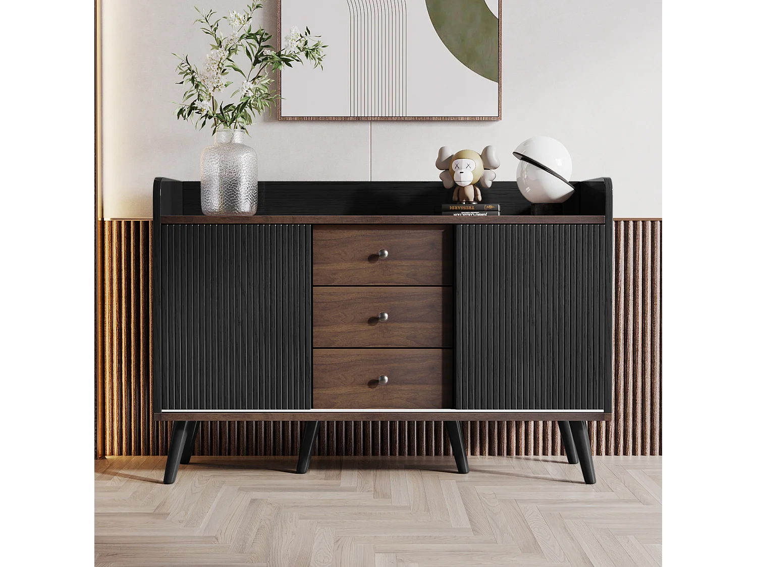 Commode en bois moderne avec portes coulissantes, armoire à 3 tiroirs, noir et bois foncé