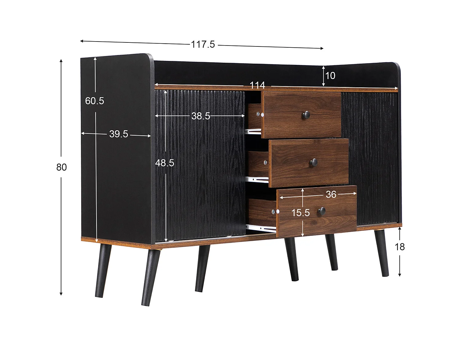 Commode en bois moderne avec portes coulissantes, armoire à 3 tiroirs, noir et bois foncé
