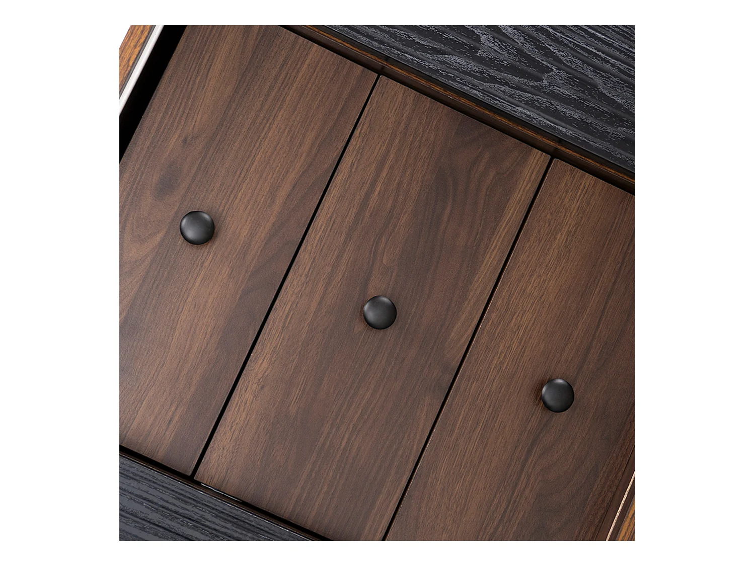 Commode en bois moderne avec portes coulissantes, armoire à 3 tiroirs, noir et bois foncé