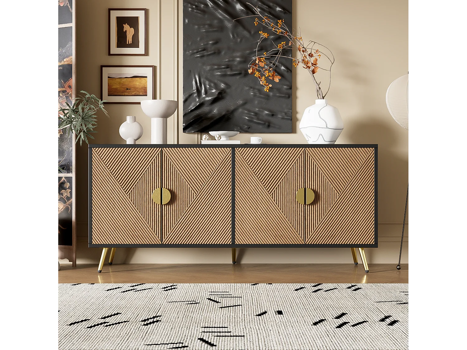 Buffet de salon, avec 4 portes, poignées dorées brossées et pieds de table brillants, noir