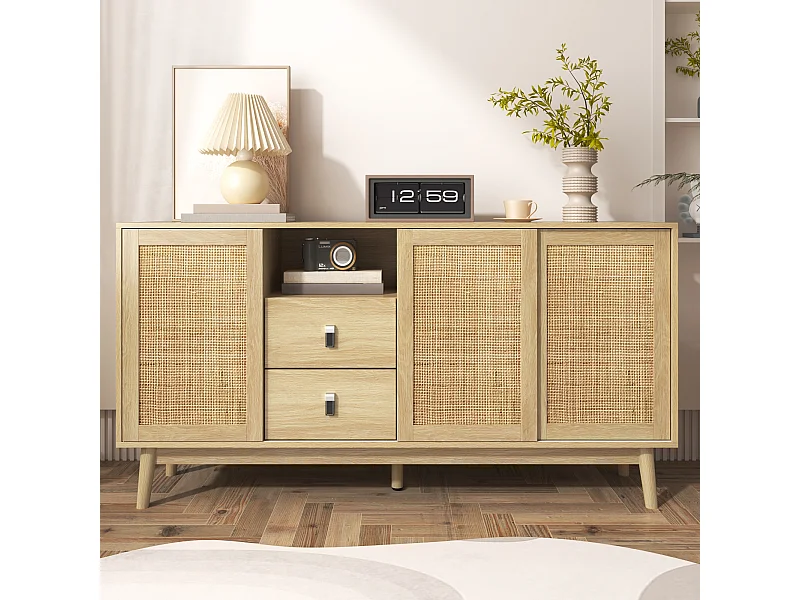 Buffet Salon avec 3 Portes Coulissantes en Rotin Véritable et 2 Tiroirs, Meuble de Rangement, bois