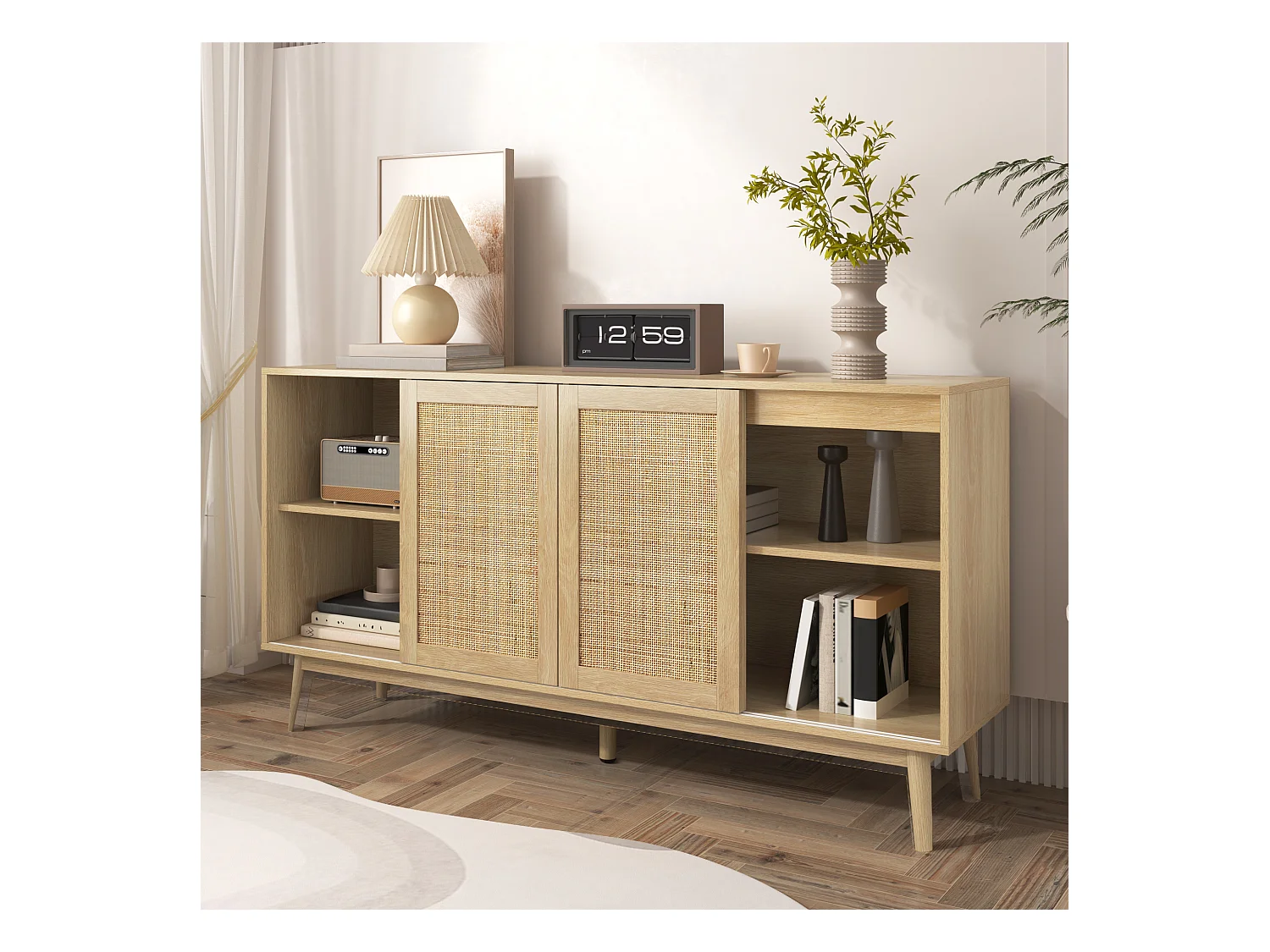 Buffet Salon avec 3 Portes Coulissantes en Rotin Véritable et 2 Tiroirs, Meuble de Rangement, bois