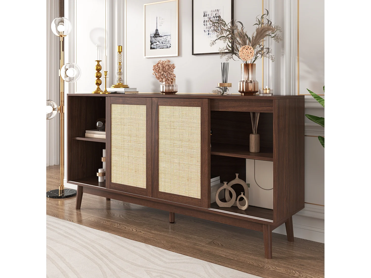 Buffet Salon avec 3 Portes Coulissantes en Rotin Véritable et 2 Tiroirs, Meuble de Rangement, Noyer