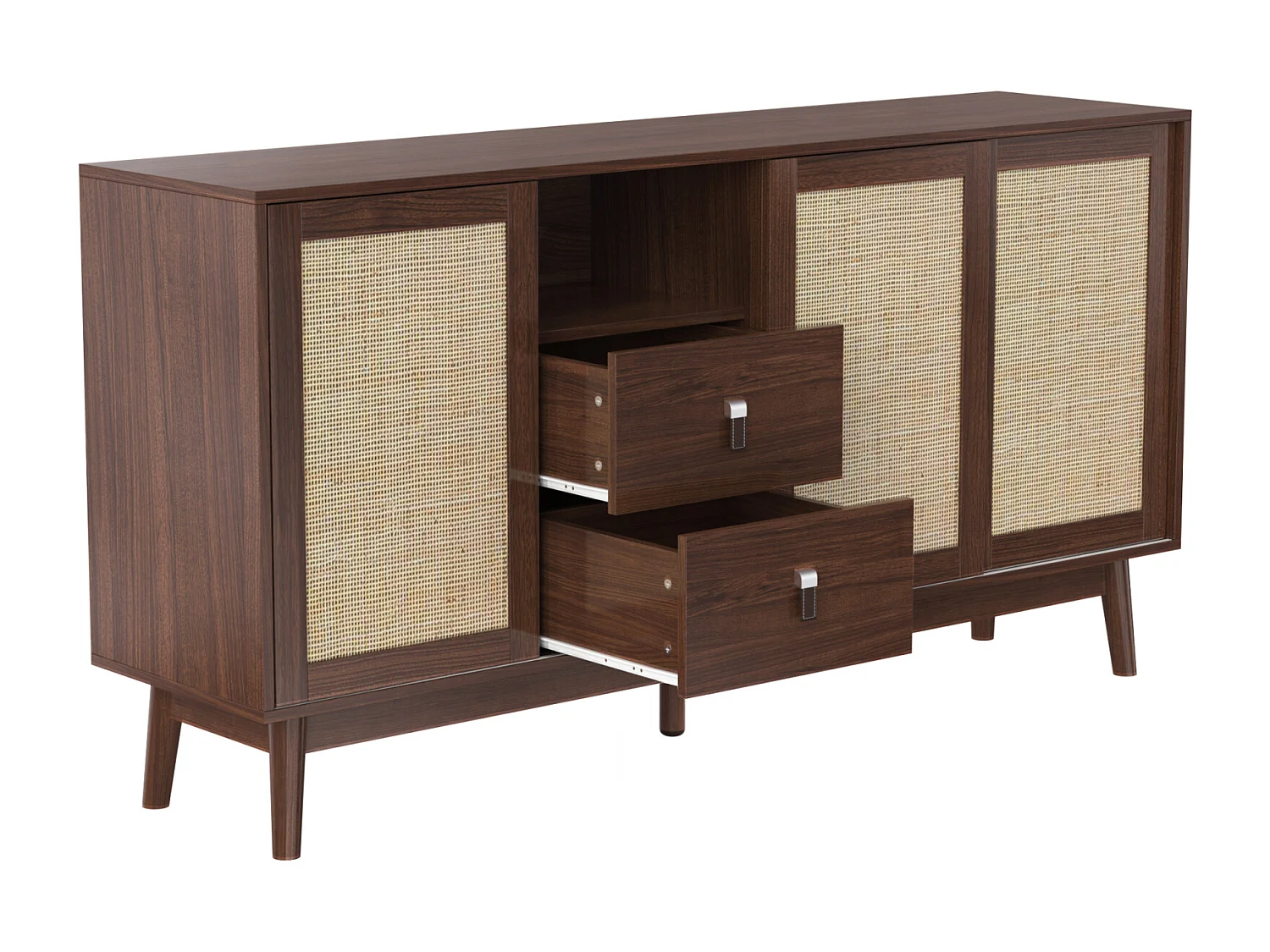 Buffet Salon avec 3 Portes Coulissantes en Rotin Véritable et 2 Tiroirs, Meuble de Rangement, Noyer