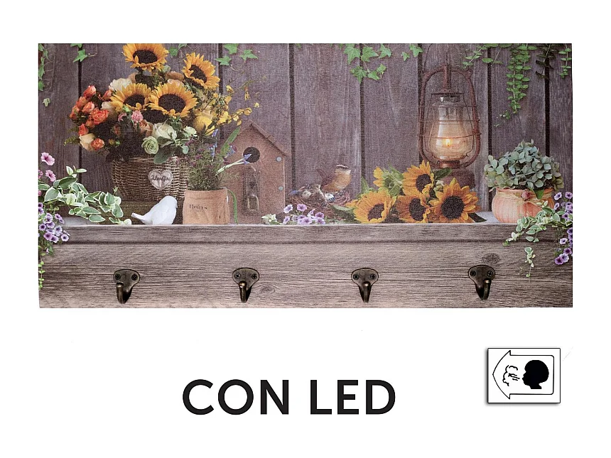 Appendino legno 4 posti con led girasoli cm 60x30x1,8