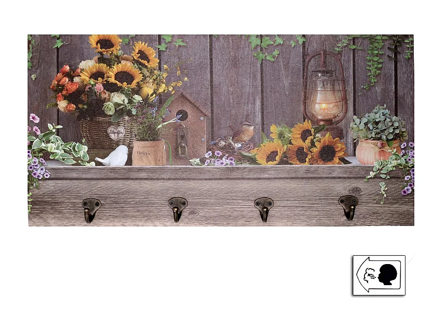 Appendino legno 4 posti con led girasoli cm 60x30x1,8