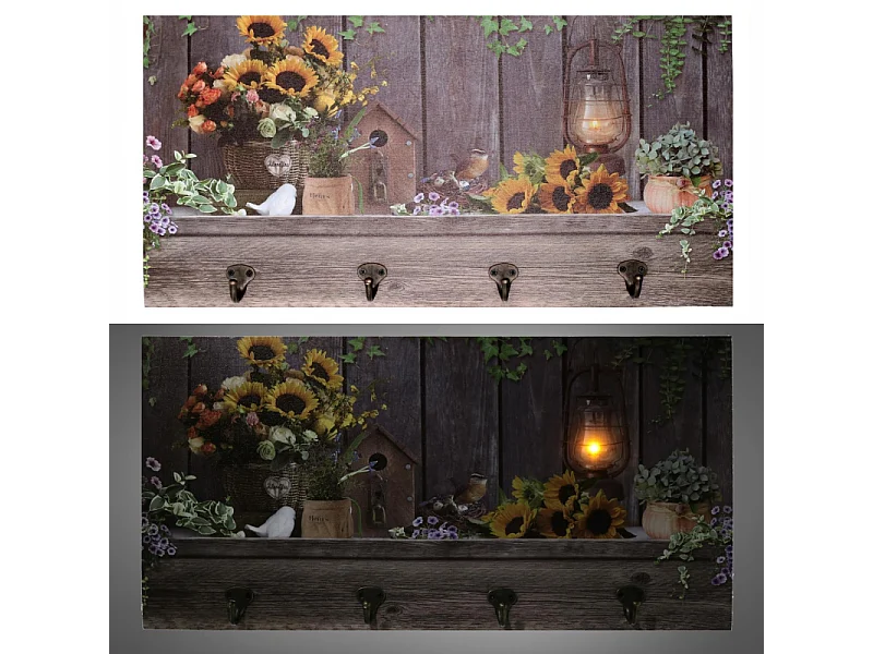 Appendino legno 4 posti con led girasoli cm 60x30x1,8