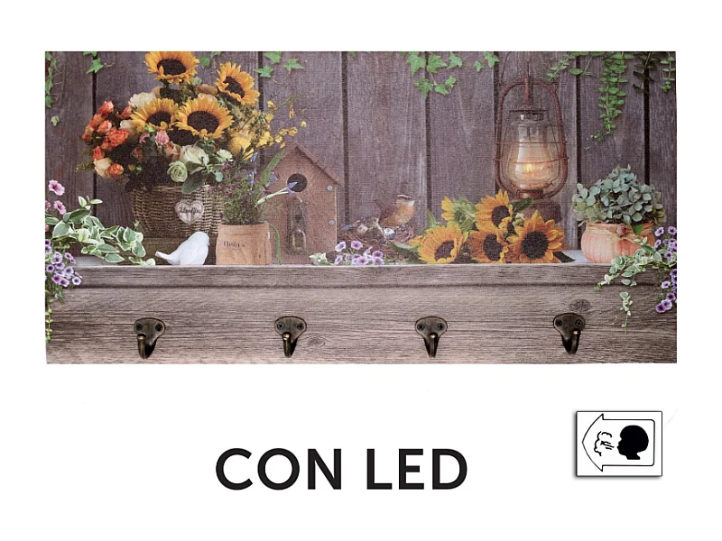 Appendino legno 4 posti con led girasoli cm 60x30x1,8