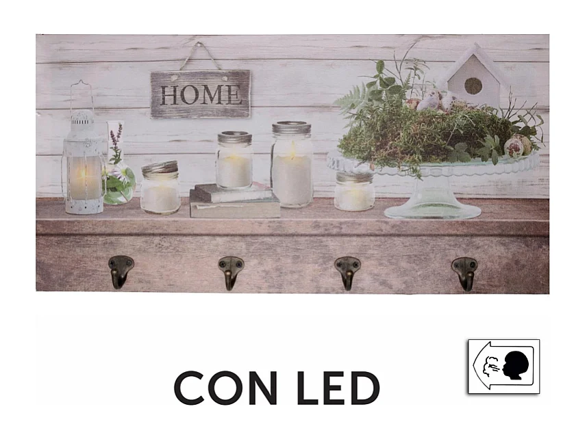 Appendino legno 8 posti con led lanterna cm 60x30x1,8