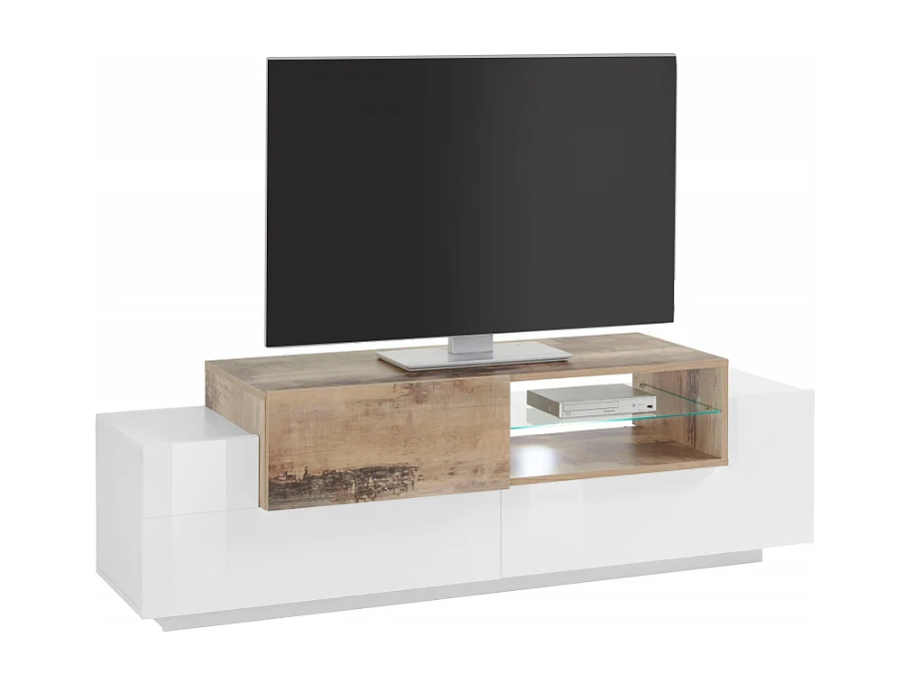 Porta TV New Coro 160 – 2+1 ante con ripiano in vetro – Bianco Lucido/Acero Pereira