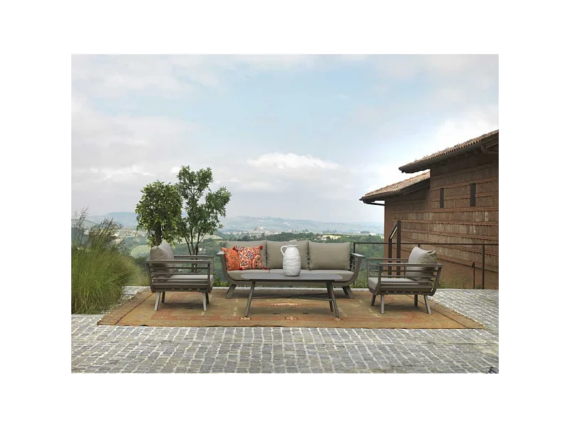 Salotto alluminio Riverside tortora 3 posti con cuscini crema (bracciolo in hpl)