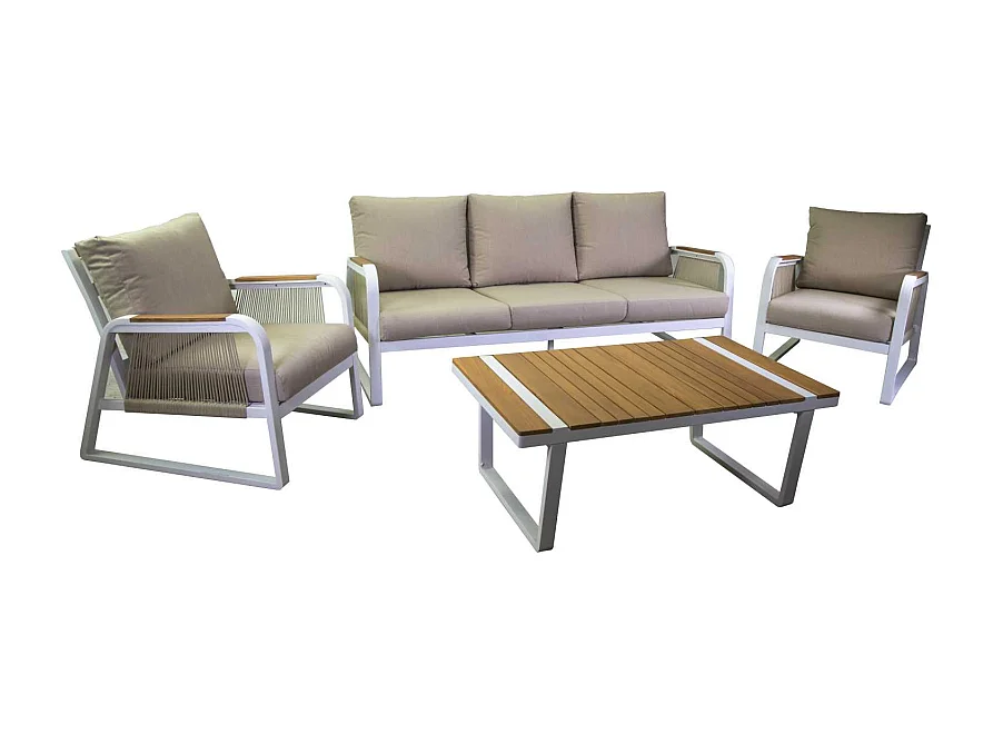 Salotto alluminio Idaho corda 3p biancocrema con cuscini beige top tavolo legno