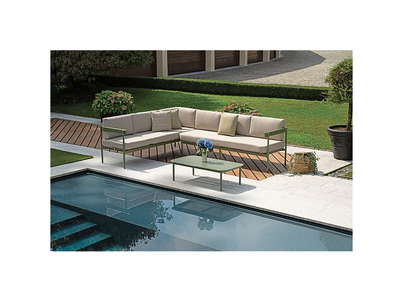 Salotto Angolare Torvaianica In Alluminio Verde- Divano Convertibile In Lettino - Due Pillow Verdi E Uno A Righe Moia