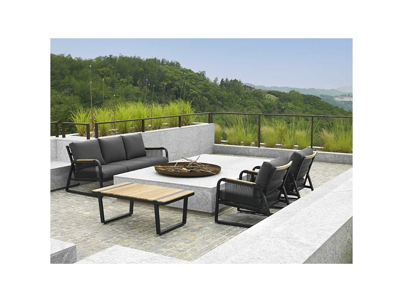Salotto alluminio Idaho corda 3p antracite con cuscini grigio top tavolo legno