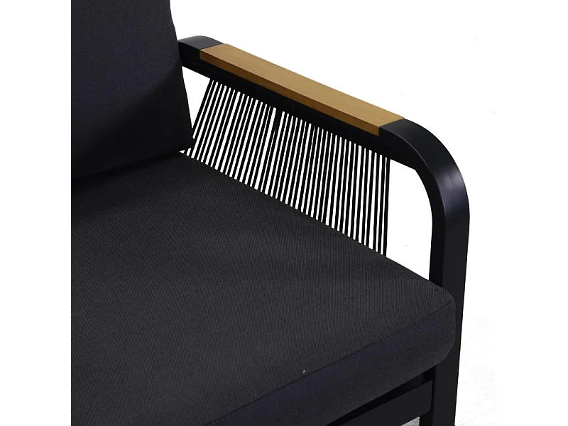 Salotto alluminio Idaho corda 3p antracite con cuscini grigio top tavolo legno