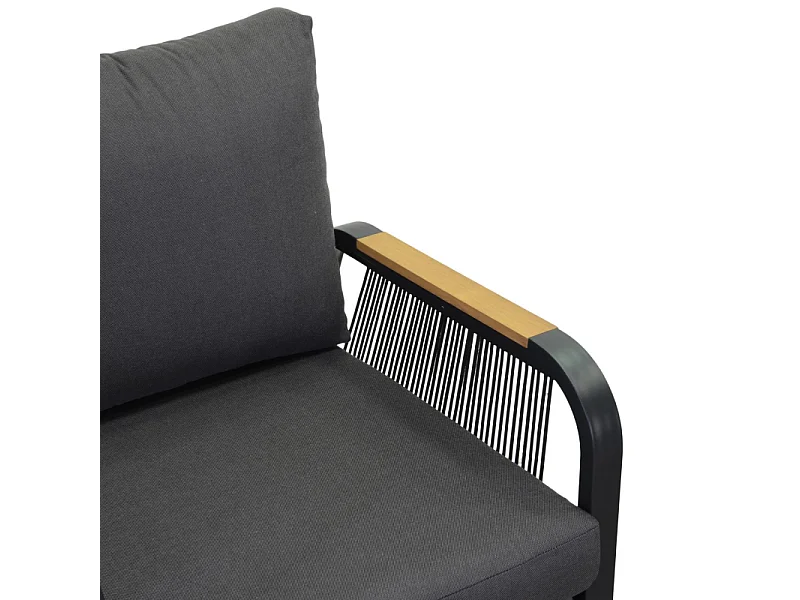 Salotto alluminio Idaho corda 3p antracite con cuscini grigio top tavolo legno